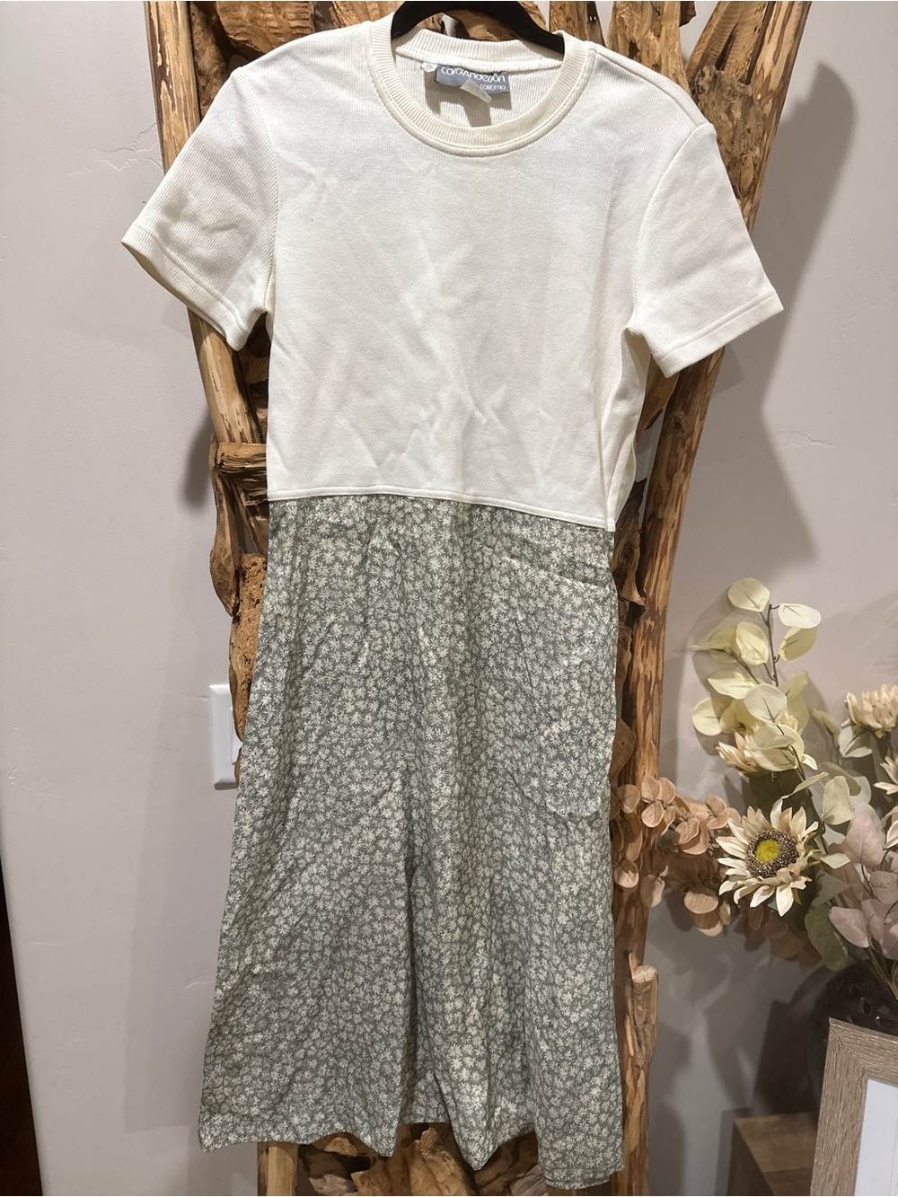 Common Thread Cream Top Green Floral Midi Dress